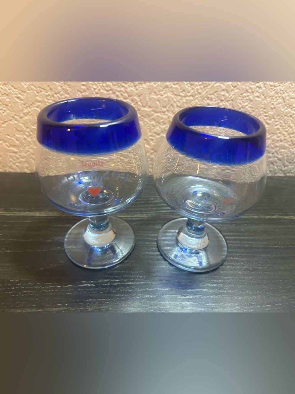 Set of 2 CORAZON Tequila Shot Sipper Glasses Blown Glass Blue